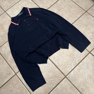 Polo Ralph Lauren Men's Navy 3 tone Stripe Collar Quarter Zip Pullover Sweater